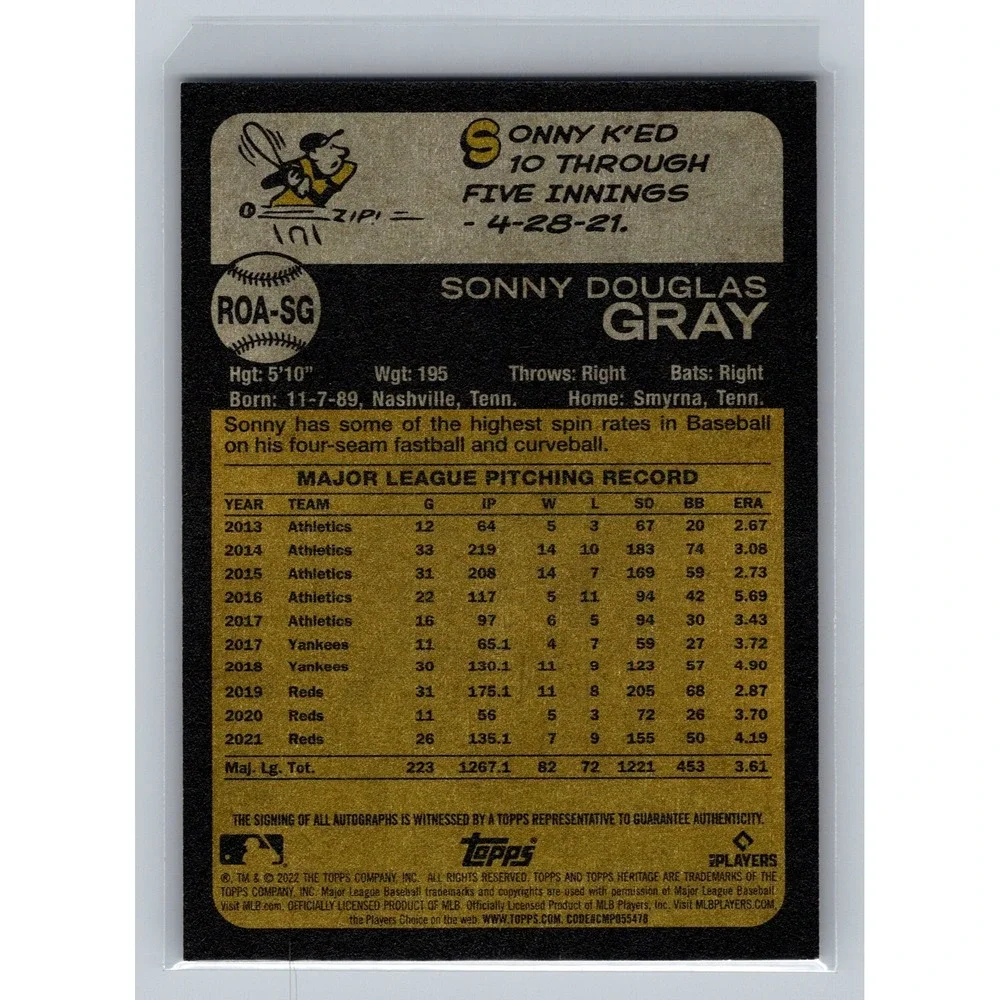 2022 Topps Heritage Real One Autographs Red Ink #ROASG Sonny Gray